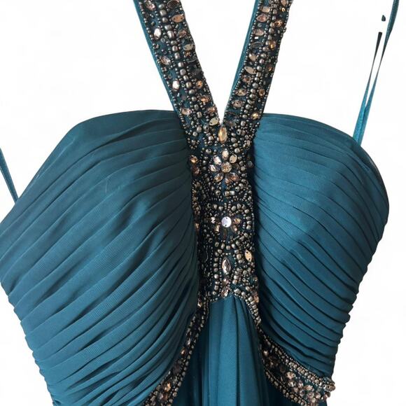 Xscape Teal Beaded Halter Evening Gown – Size 6 - Picture 3 of 8